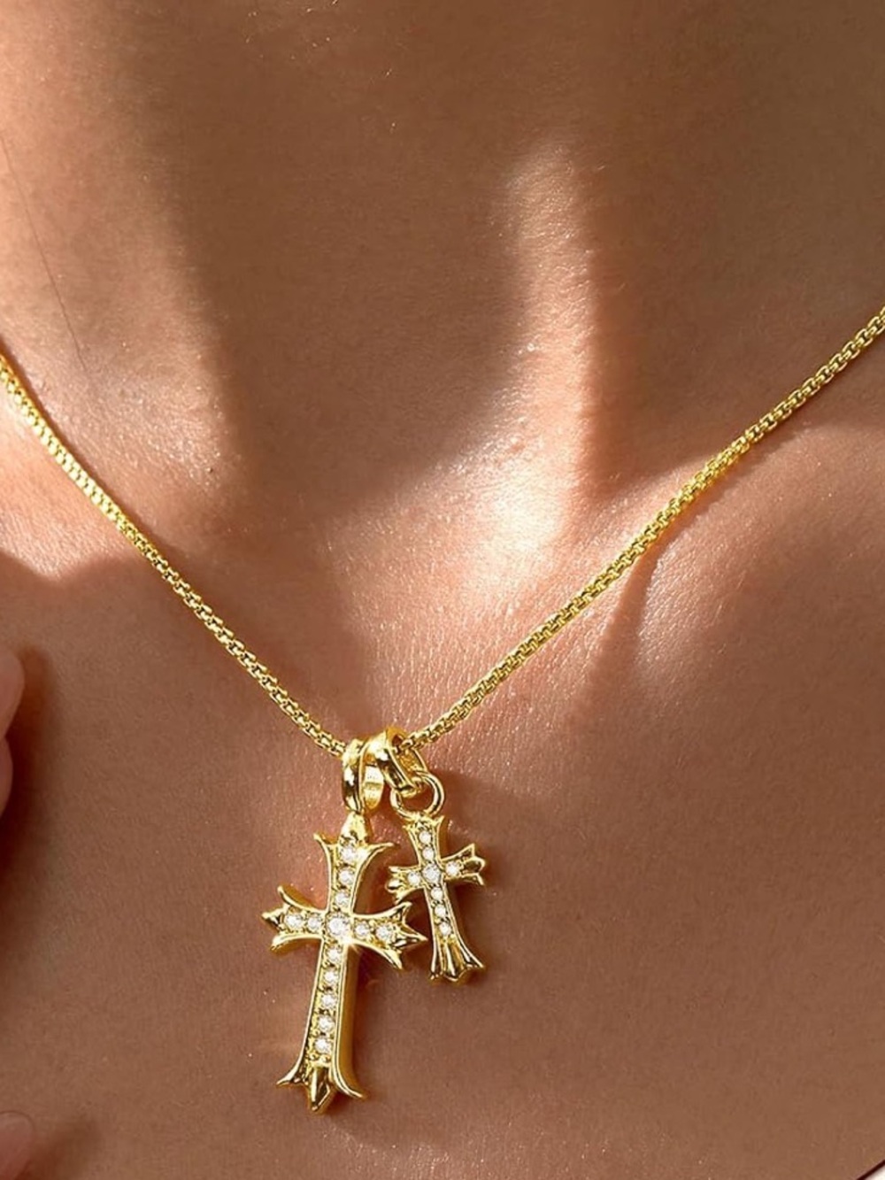 Anthropologie Gold-Tone Double Cross Pendant Necklace with Clear Stones